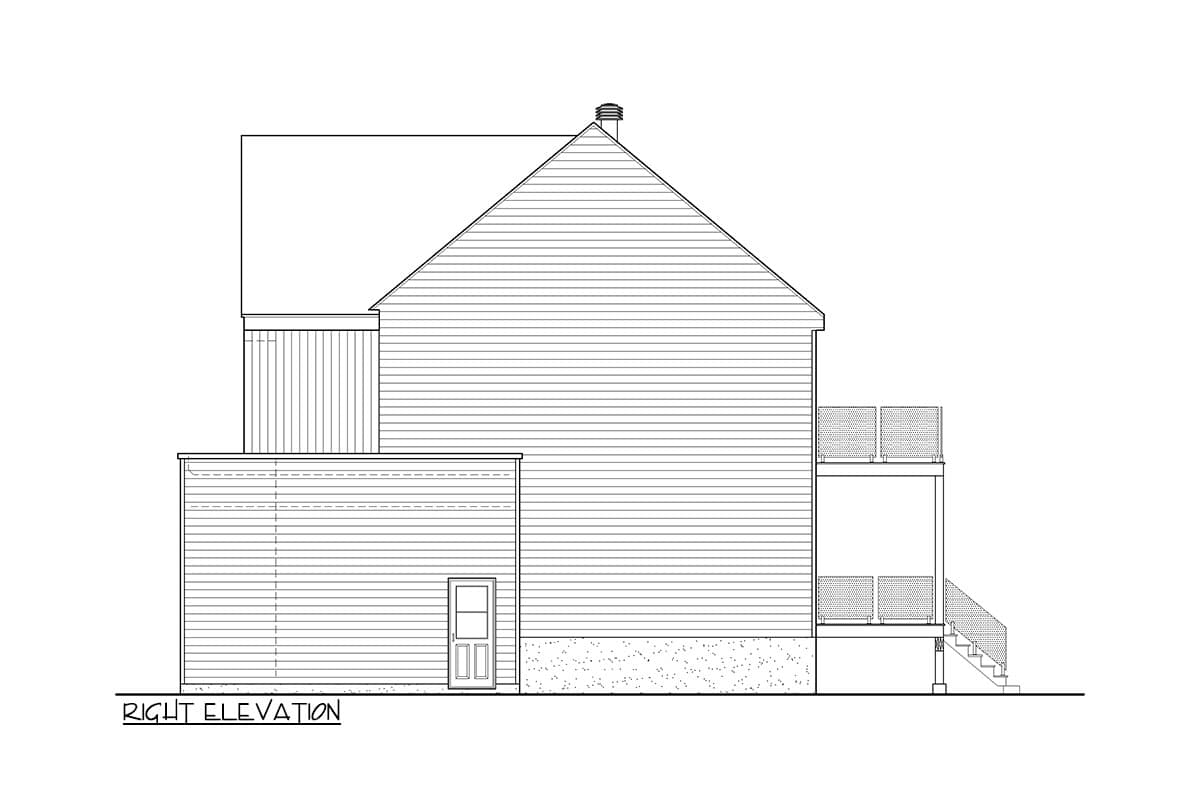 Right elevation house plan shows a two-story structure with horizontal siding, a gabled roof, a single door, and a two-tiered deck with railings.