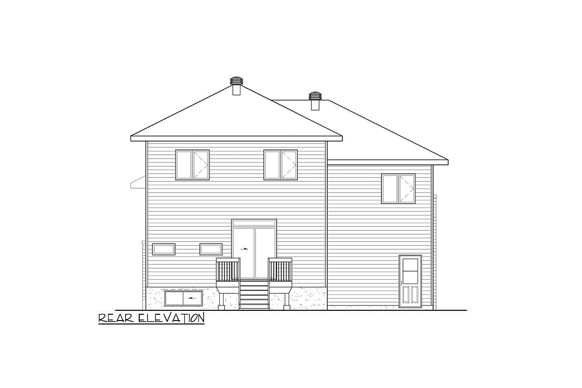 Rear elevation drawing of a two-story house plan with a sliding glass door, deck stairs, and double-hung windows.