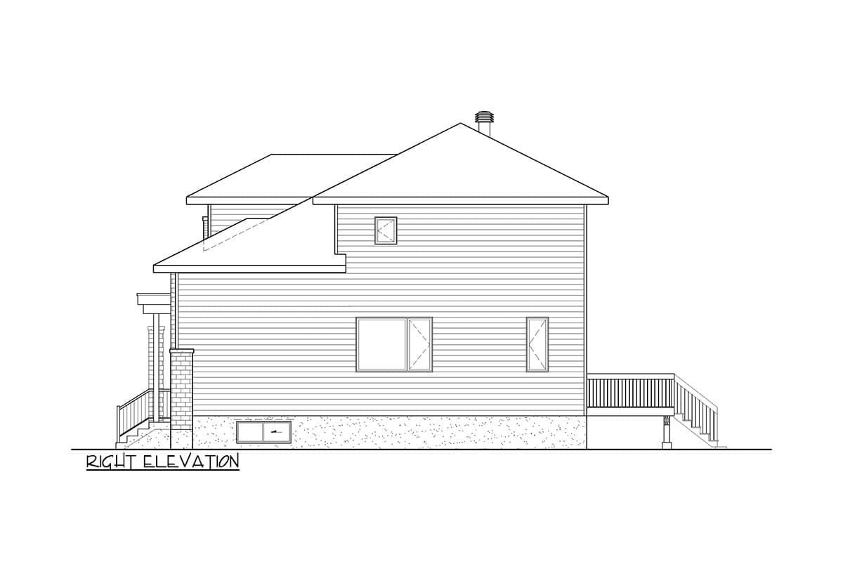 Right elevation of a two-story house plan showing siding, a gable roof, porch, deck, and windows.