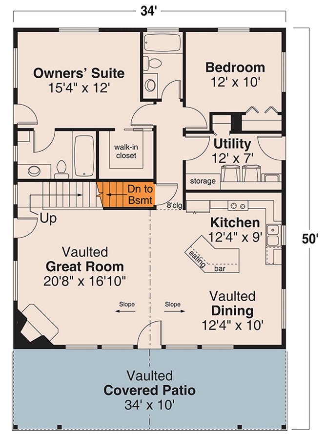Plan 72392DA: 2 Bed 1360 Square Foot Vacation Cottage with Vaulted Open Concept Living with Loft Expansion - Floor Plan - Main Level - Basement Stairs Location - Cottage, Country, Mountain, Rustic, Vacation
