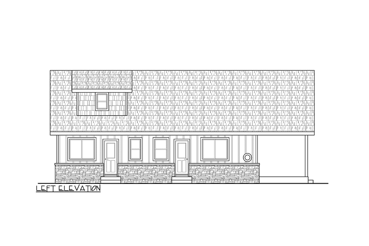 Left elevation drawing of a two-story house plan with a dormer, stone base, and multiple windows and doors.