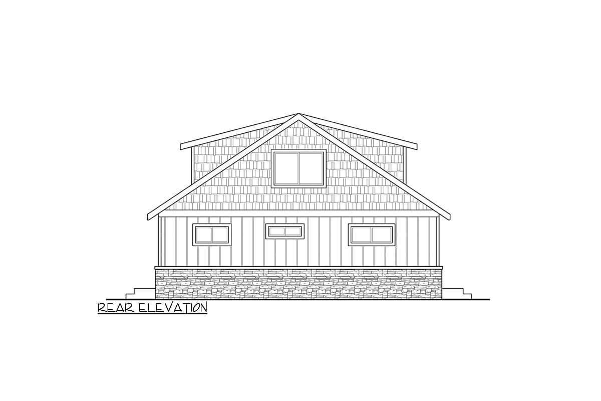Rear elevation drawing of a two-story house plan featuring shingle siding, clapboard siding, stone foundation, and a gabled roof.