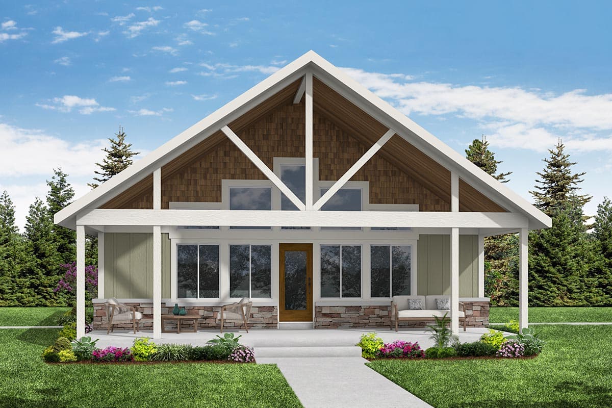 House plan exterior with a gable roof, covered porch, and exposed rafter tails. Features include a stone-veneer base and multiple windows.