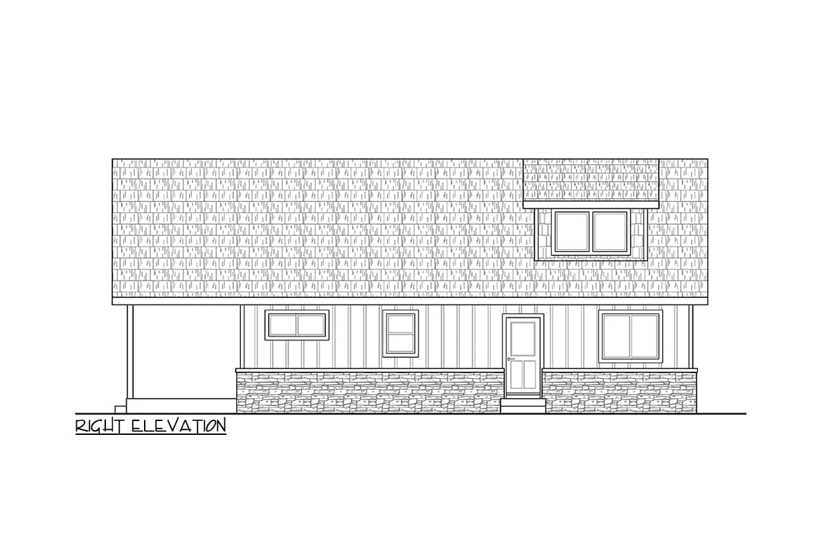 Right elevation house plan drawing showing a two-story home with stone and vertical siding, a covered porch, and multiple windows.