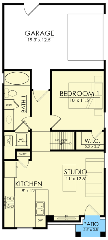 Plan 421534CHD: Cozy 2-Bed Craftsman Cottage with 1-Car Side Garage - Floor Plan - Main Level - Cottage, Country, Craftsman, Rustic