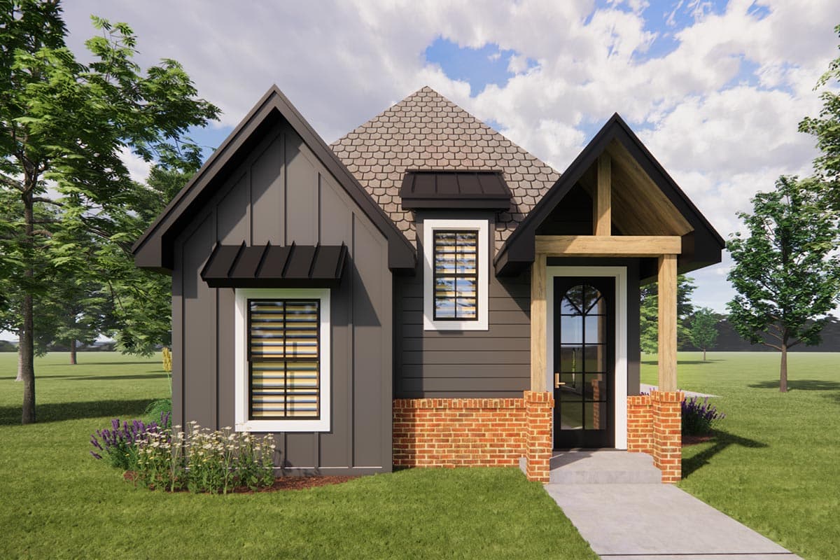 House plan exterior with board and batten siding, gable roof, and covered entry porch. Features include a brick facade and black window awnings.
