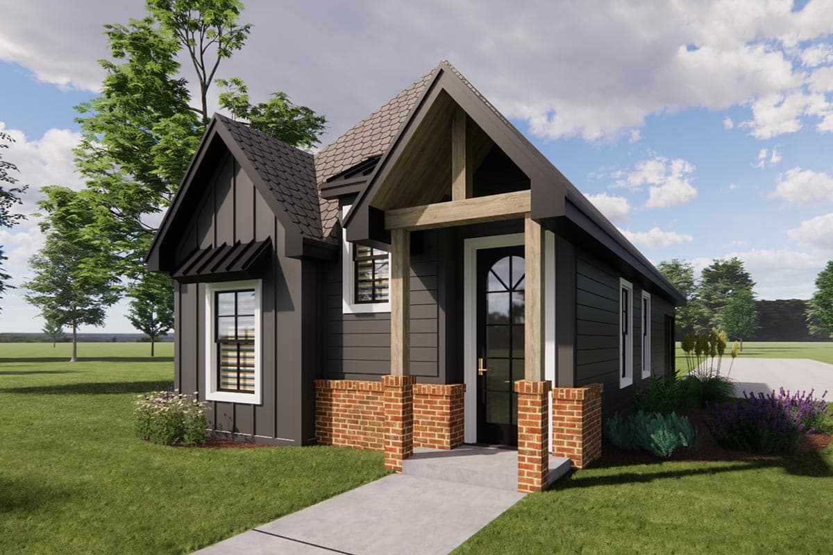 House plan exterior: Dark modern farmhouse style with gables, exposed beam entryway, and brick piers.