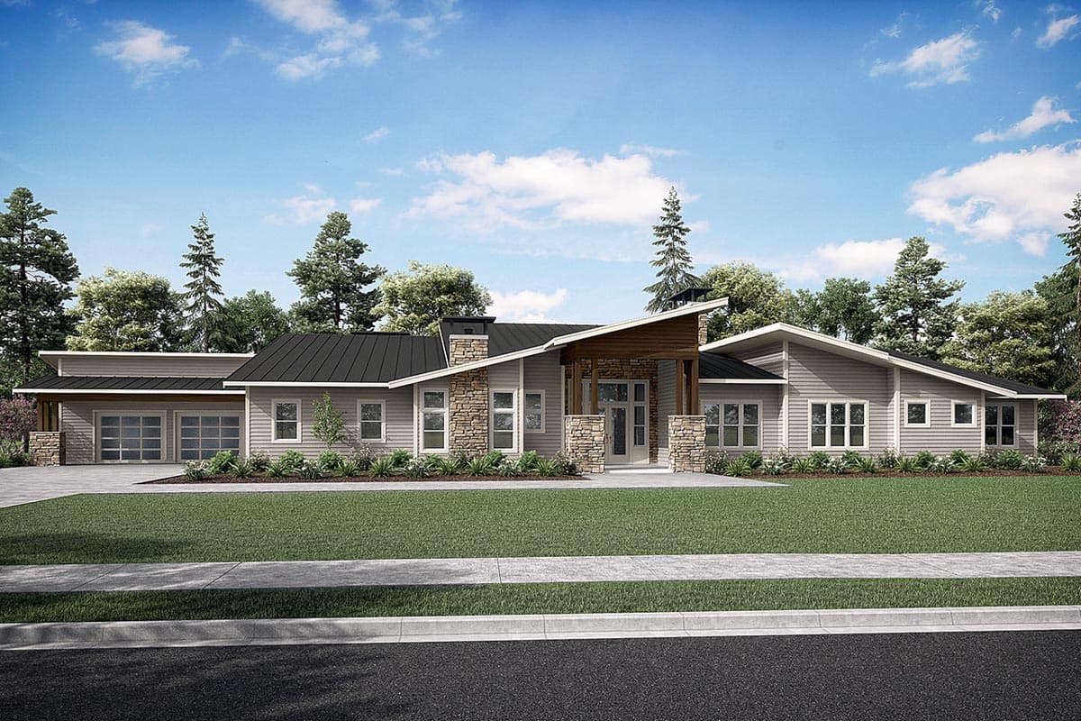 House plan exterior. Modern style, single story home with an asymmetrical roofline, stone accents, and a covered entry porch.