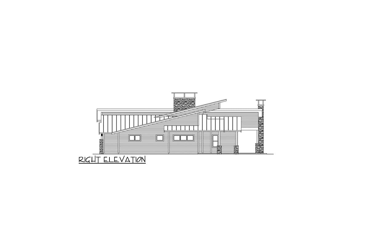 Right elevation drawing of a modern house plan with angled rooflines, horizontal siding, and stone accents.