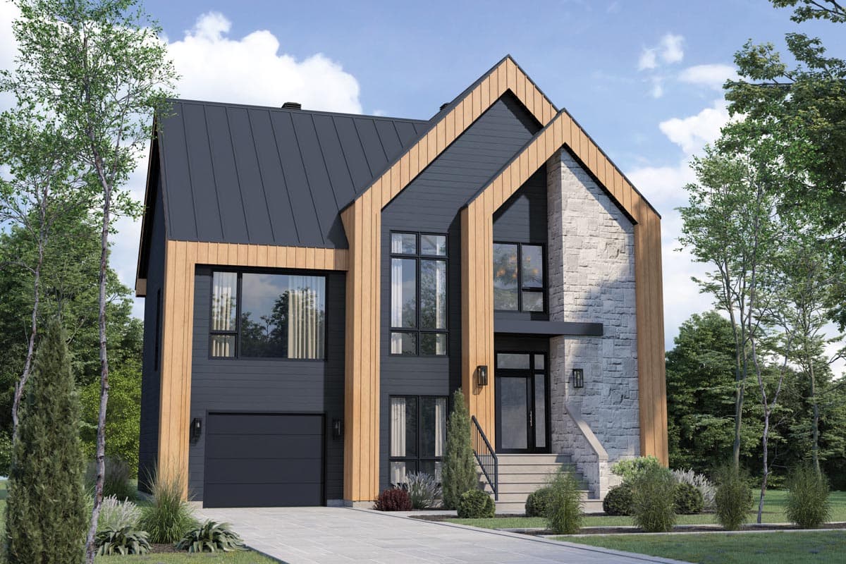 House plan exterior. Two-story modern home with wood accents and a dark metal roof. Features include a gabled roofline and stone facade.