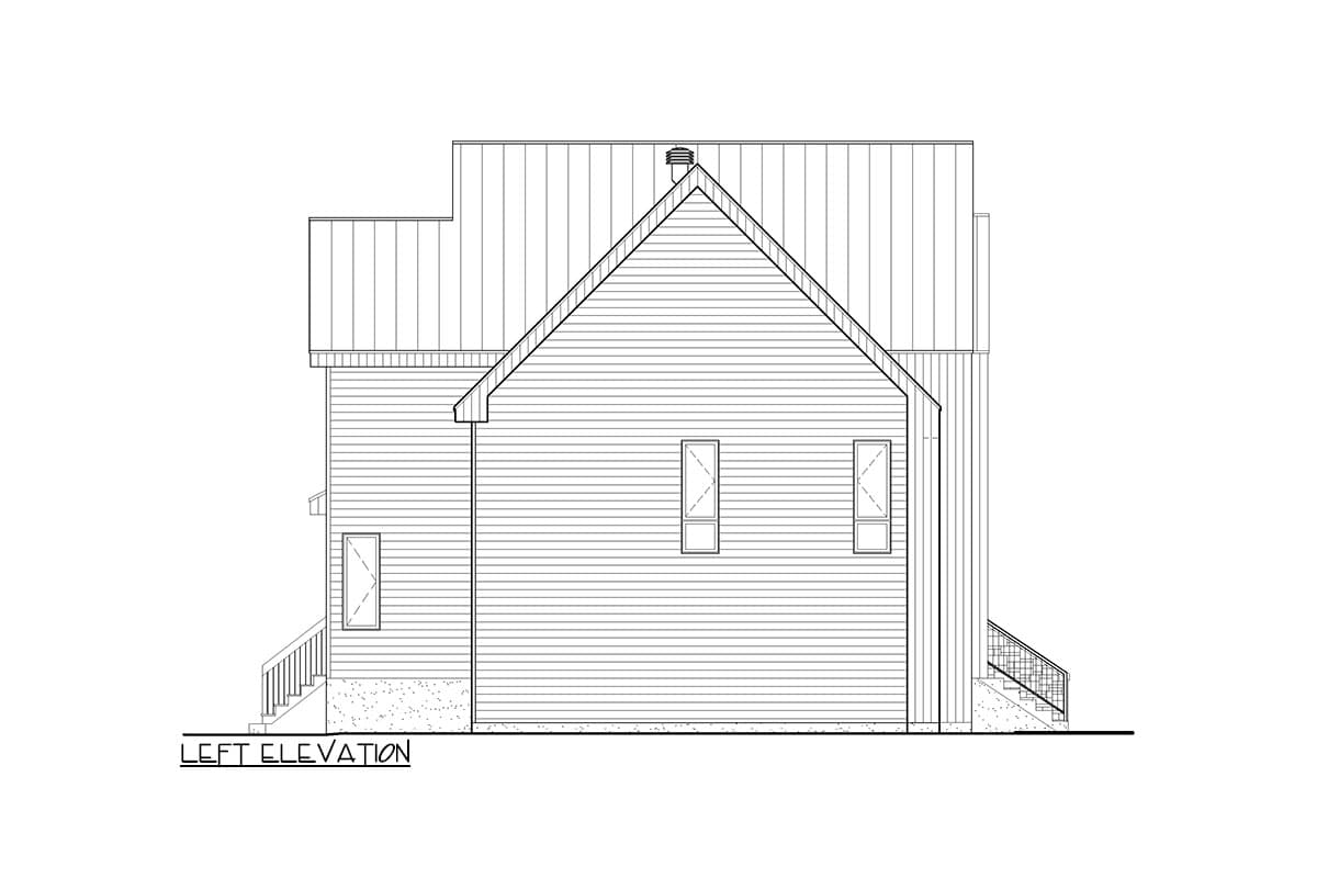 Left elevation of a house plan showing siding, pitched roof, gable, and windows.