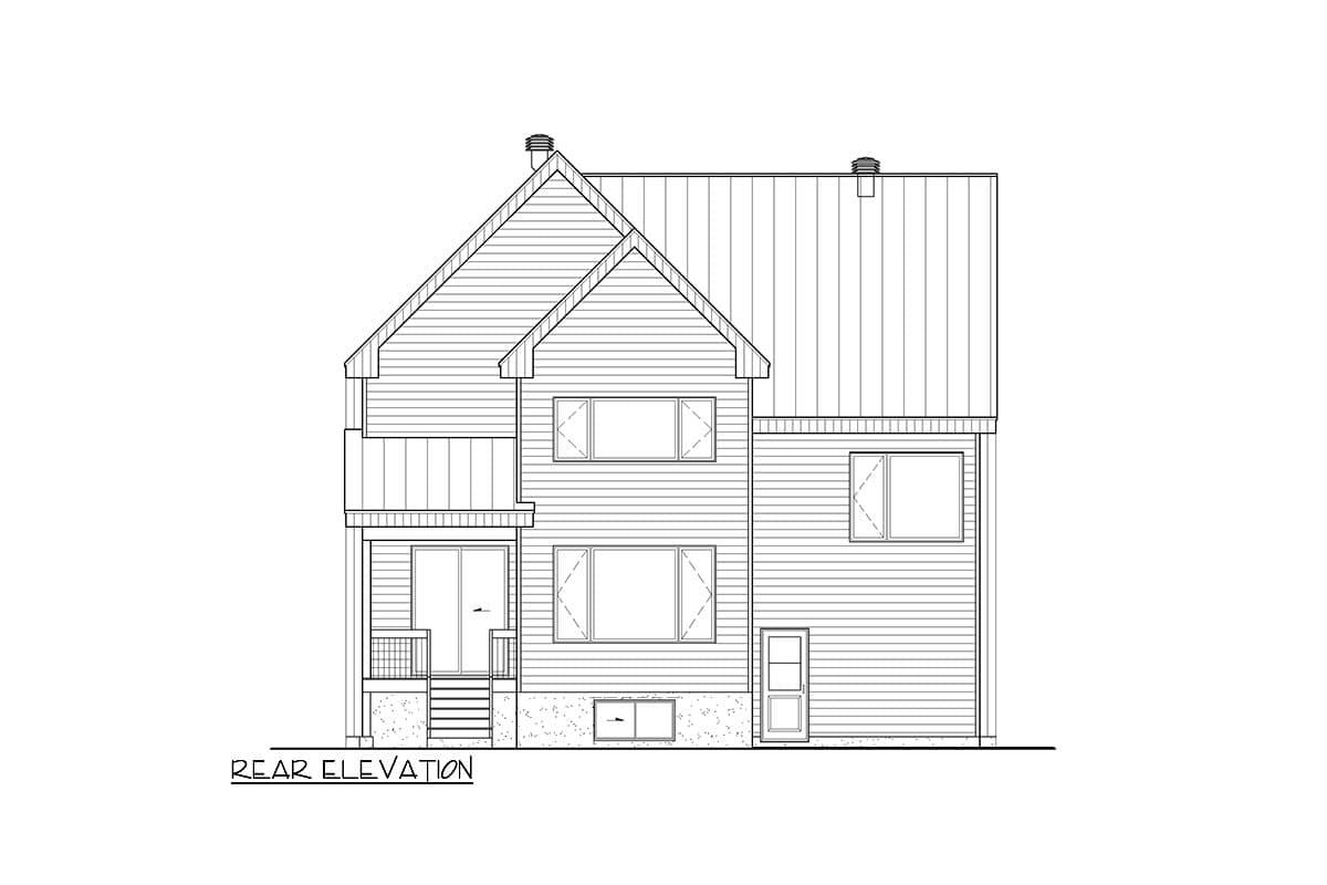 Rear elevation drawing of a two-story house with gabled rooflines, covered porch, and multiple windows.