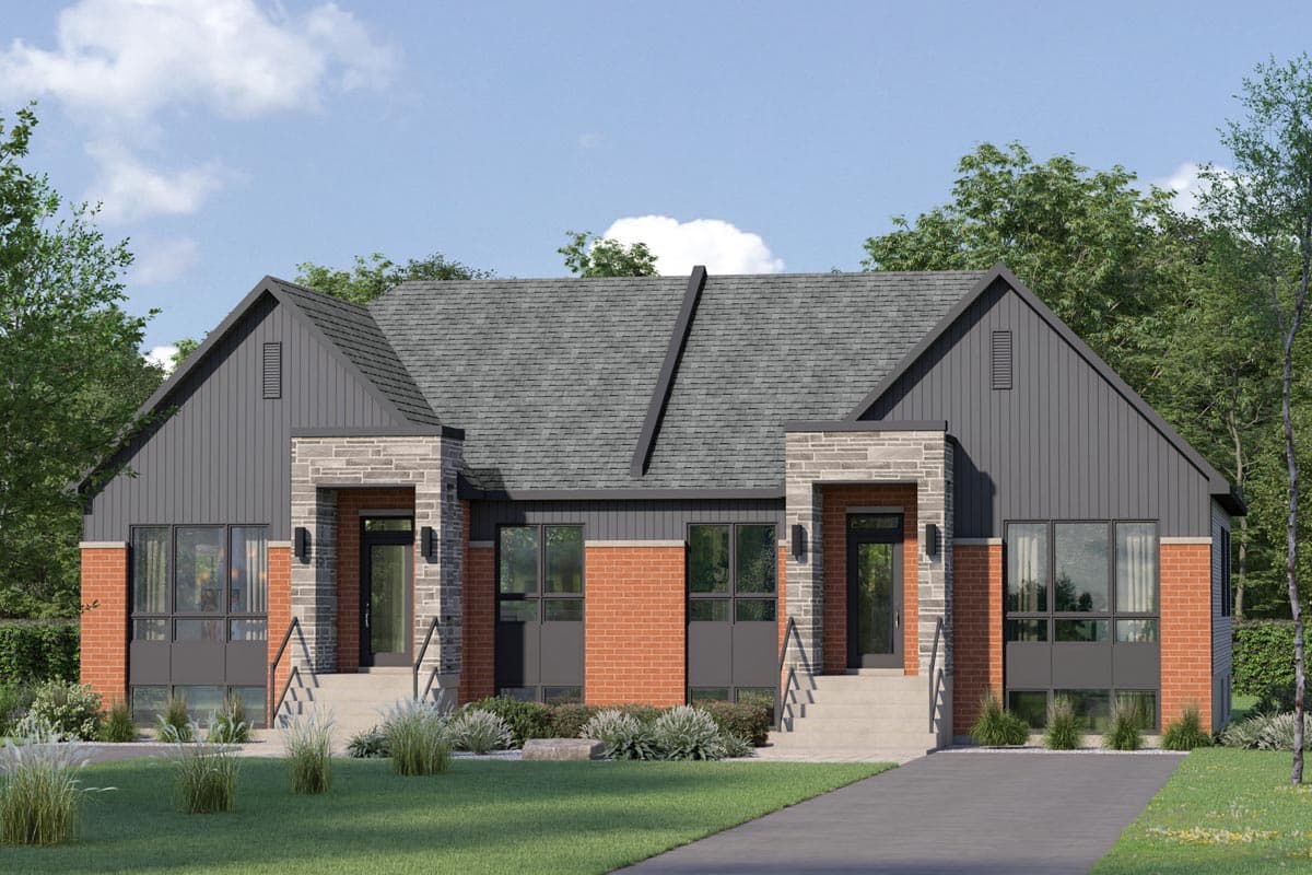 House plan exterior. Two-story Modern house with a gabled roof, brick and stone facade, and two front entryways with stoops and handrails.