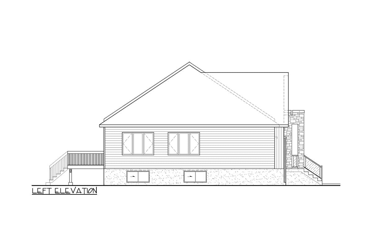 Left elevation drawing of a house plan, showing a large gable roof, horizontal siding, deck, and stone chimney.