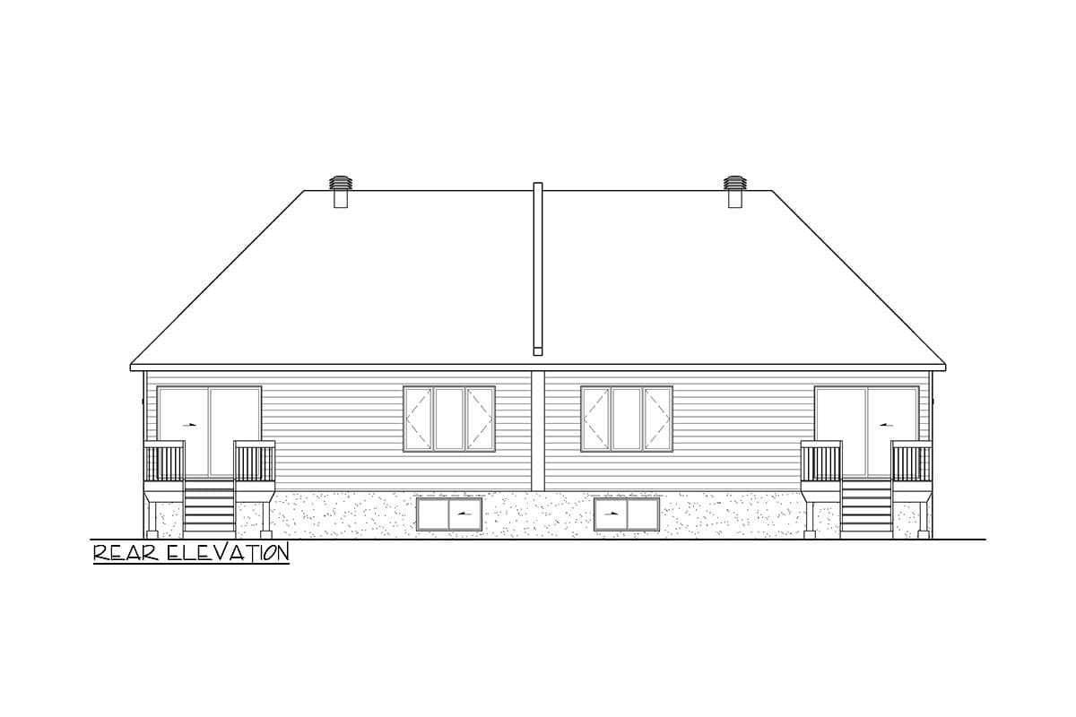 Rear elevation drawing of a house with two stories, vinyl siding, porch, and windows.