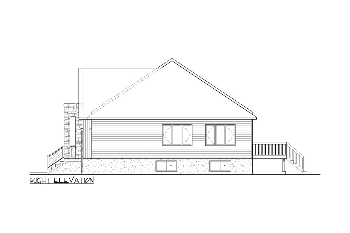 Right elevation of a house plan showing a gable roof, horizontal siding, windows, a stone chimney, and a deck.
