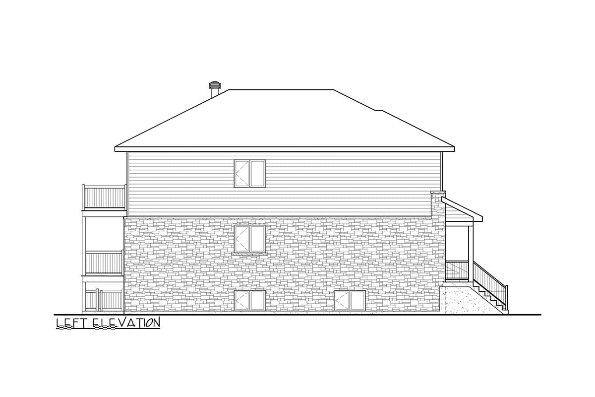 Left elevation house plan showing two stories, stone lower level, siding upper level, multiple windows, balcony, and covered porch with stairs.