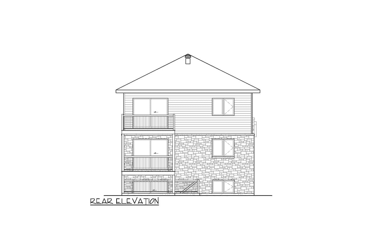 Rear elevation drawing of a two-story house with horizontal siding, stone facade, and balconies.