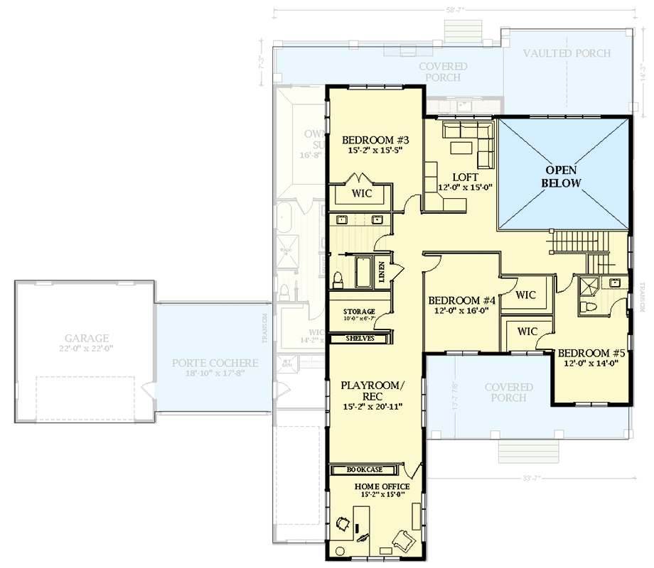 Plan 46506LA: 5 Bed New American Farmhouse Plan with Garage Workshop and Upstairs Playroom - Floor Plan - 2nd Floor - Country, Modern Farmhouse, New American