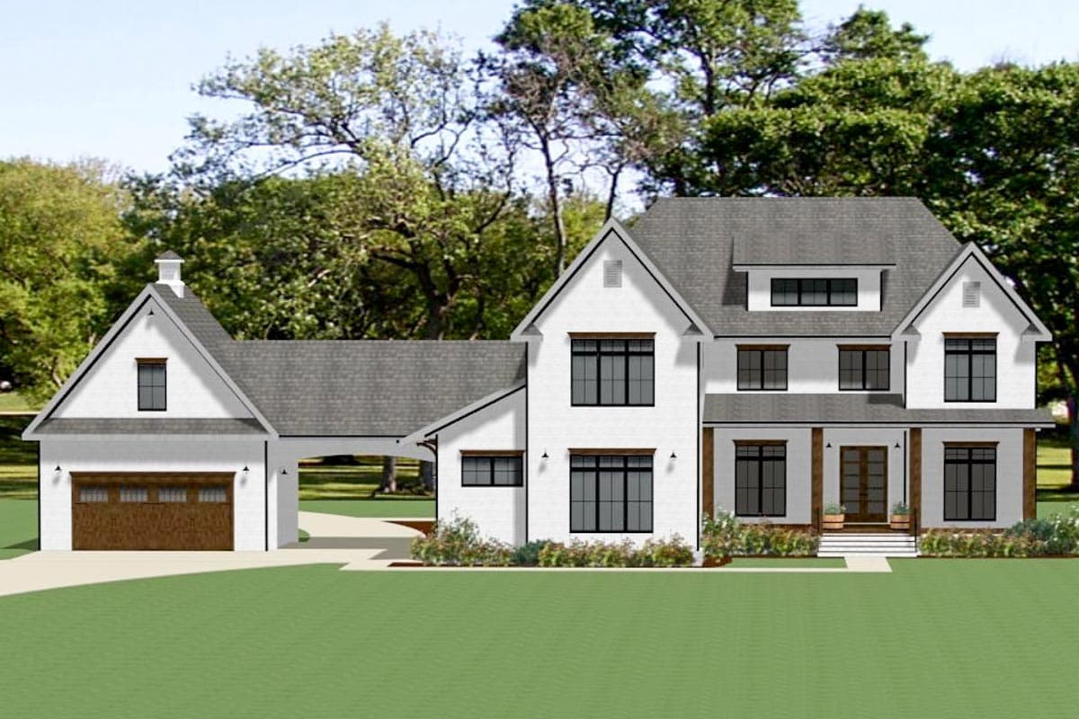 Modern Farmhouse house plan exterior: two stories, white brick, gabled roof, attached garage with arched porte-cochère, and covered front porch.