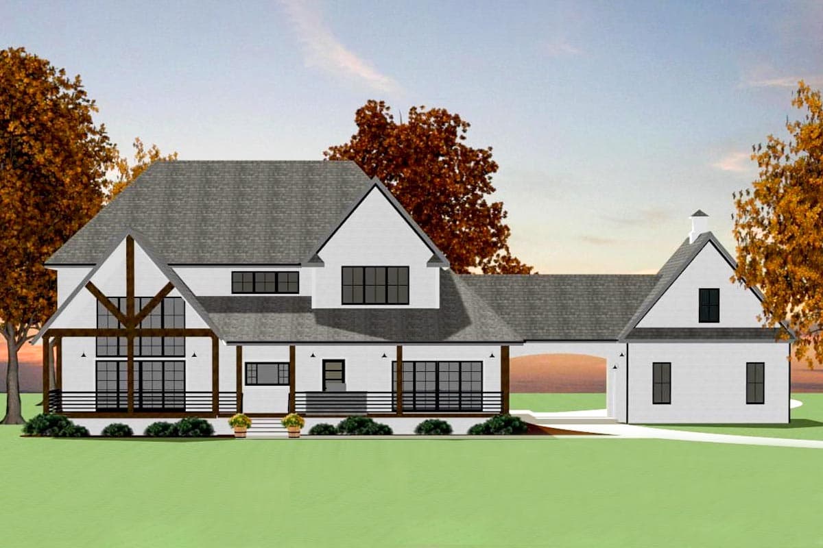 Modern Farmhouse house plan exterior with two stories, covered porch, gables, and attached garage.