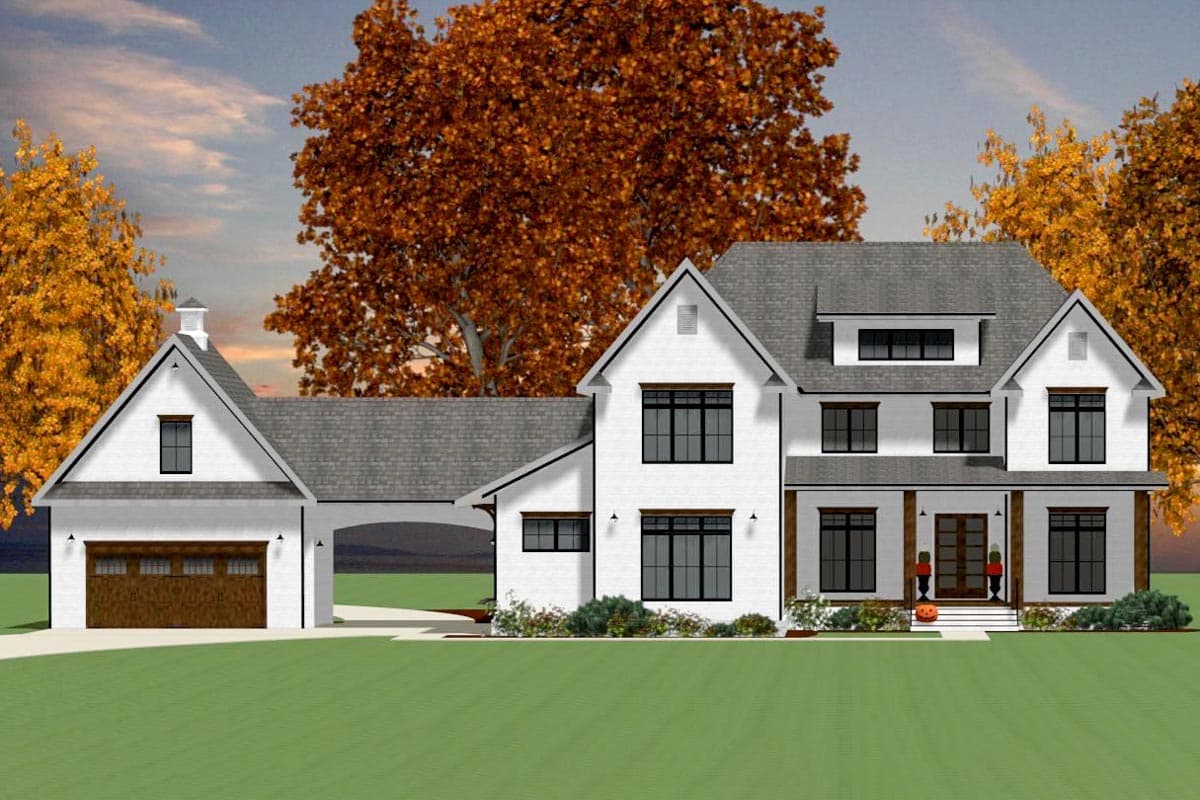 Modern Farmhouse house plan exterior. Two stories, white brick, gabled roof, covered front porch, dormer, and attached garage with porte-cochère.