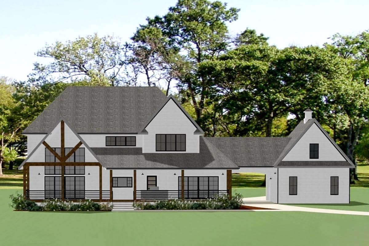 House plan exterior with gabled rooflines, large windows, exposed beams, and a covered porch.