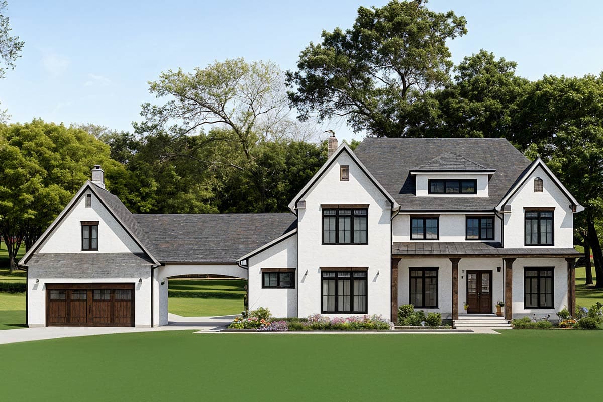 House plan exterior. Two-story Modern Farmhouse with gabled rooflines, a front porch, and an attached garage. White stucco exterior with black trim.
