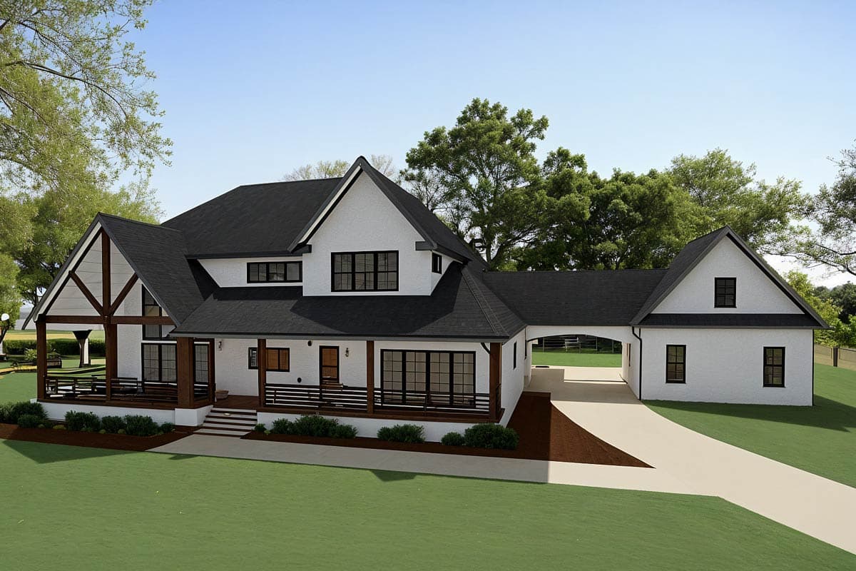 Modern Farmhouse house plan exterior with large gabled entry, wrap-around porch, and attached carport.