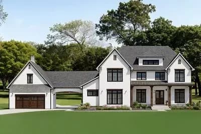 5 Bed New American Farmhouse Plan with Garage Workshop and Upstairs Playroom