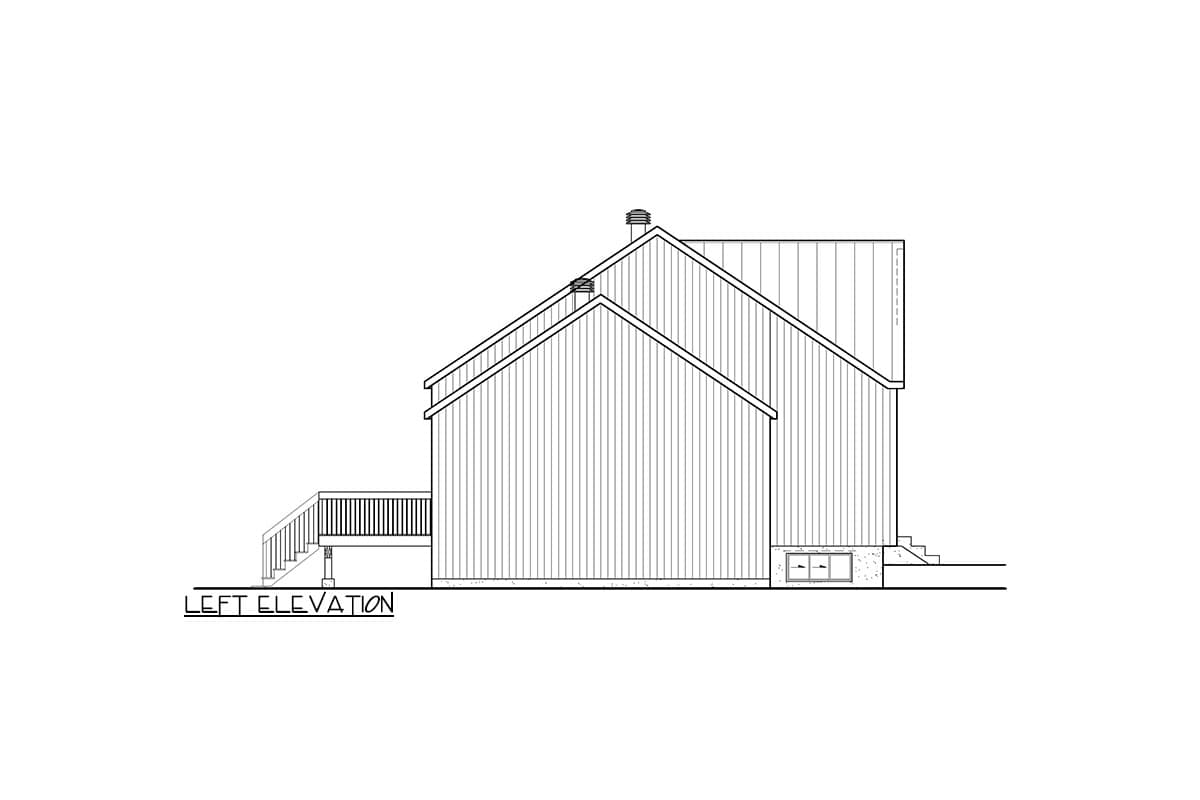 Left elevation house plan showing a side view with a deck, multiple gables, and a foundation vent.