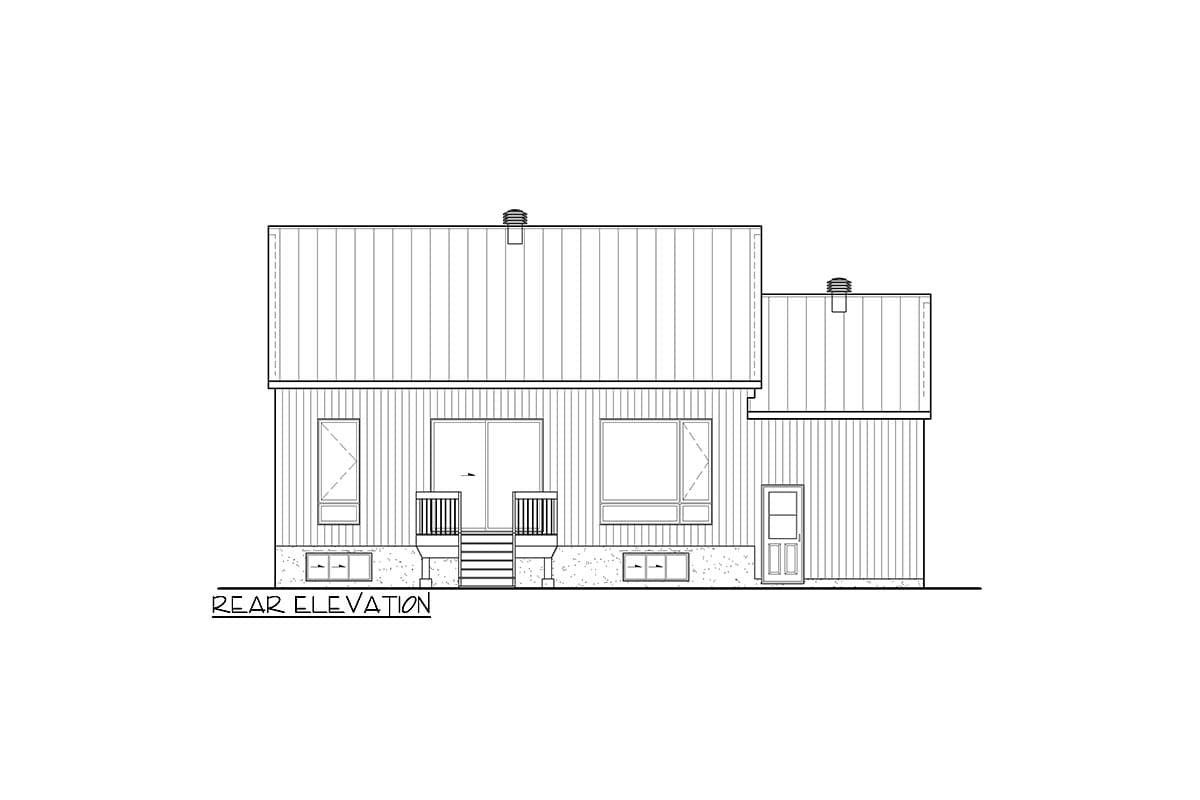 Rear elevation drawing of a two-story house plan with vertical siding, sliding glass door, windows, and a door.
