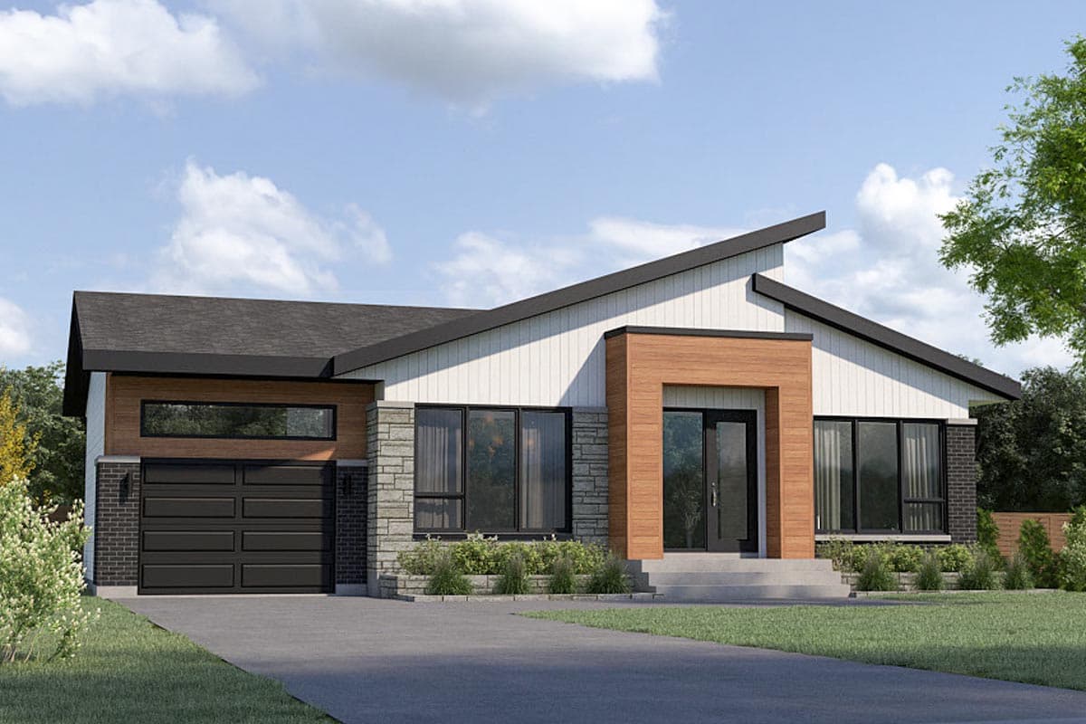 House plan exterior. Modern, one-story home with a flat roof, a covered entryway, and a garage on the left side. Features wood and stone accents.