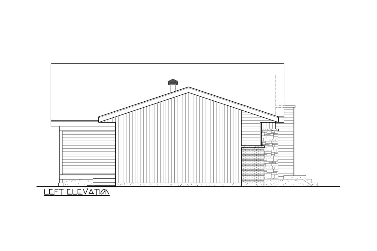 Left elevation drawing of a house plan showing vertical siding, a pitched roof with a vent, and a brick and stone chimney.