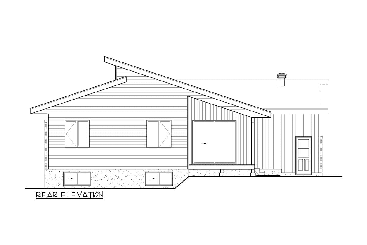 Rear elevation drawing showing a house with a sloped roof, horizontal siding, two windows, a large sliding glass door, and a back door.