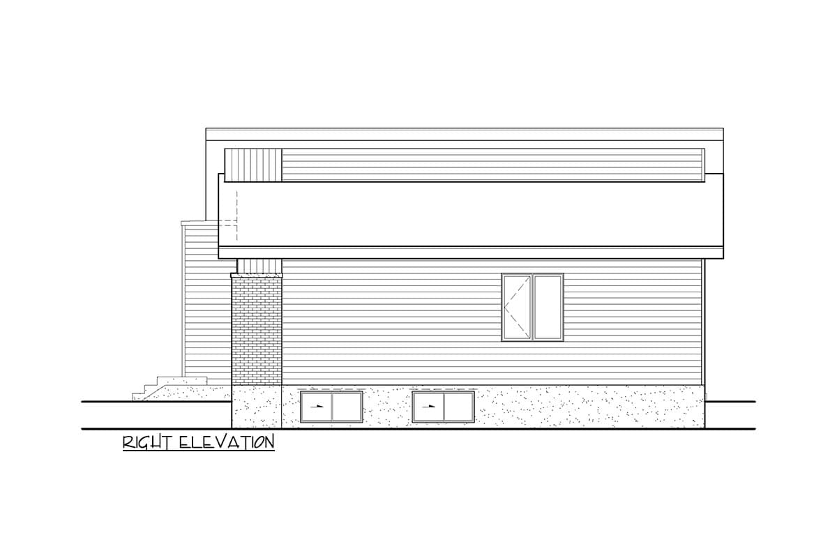 Right elevation drawing of a house plan with horizontal siding, brick accent, and various windows.