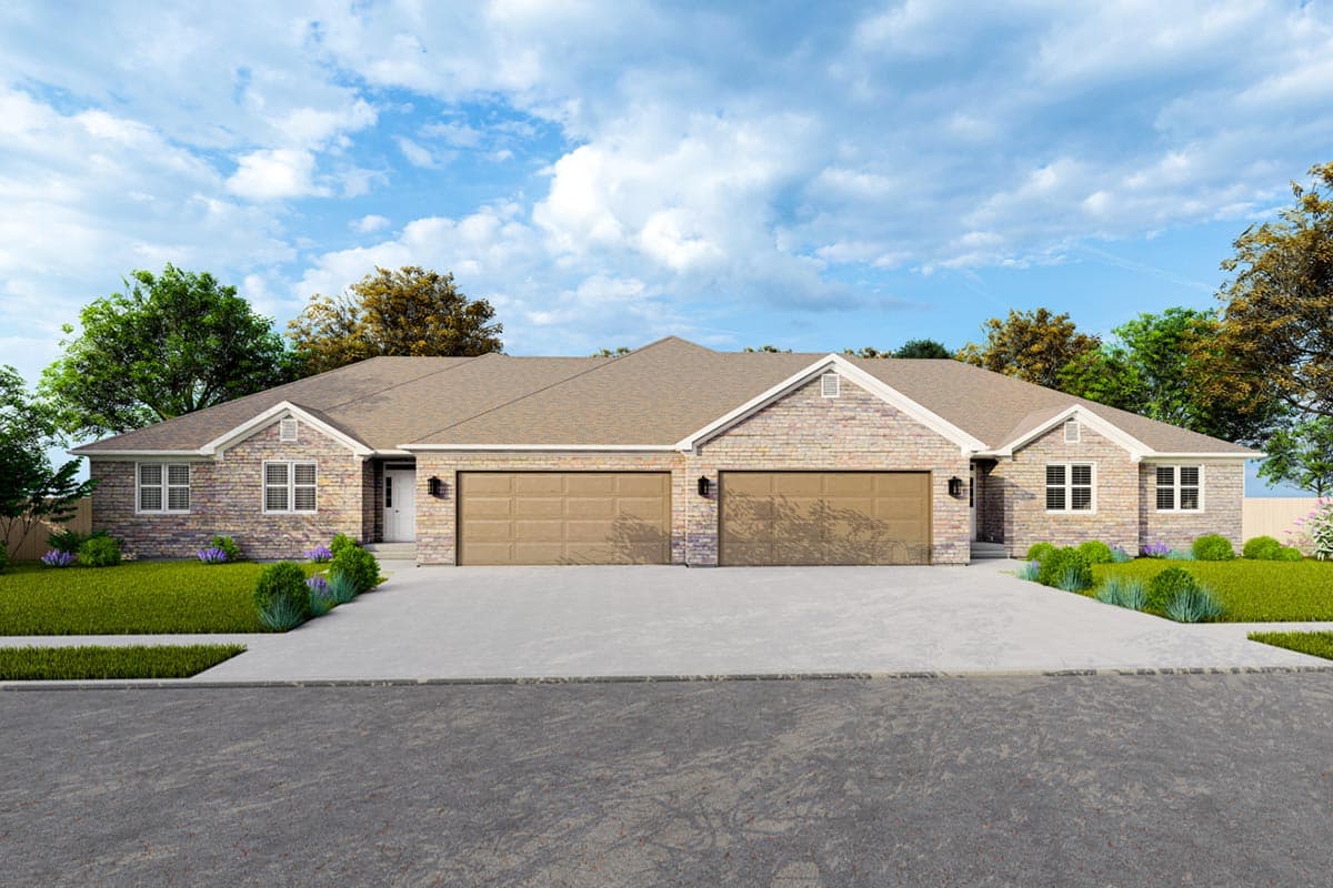 House plan exterior. Ranch style with brick facade, two-car garage, and gable roof. Includes two stories and multiple dormers.