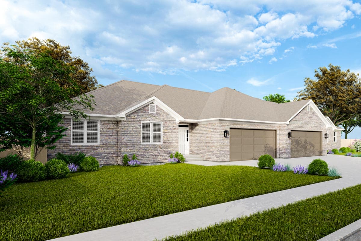 House plan exterior rendering of a one-story Modern Farmhouse with stone siding, a gable roof, and a triple-car garage.