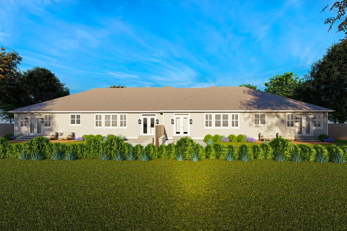 House plan exterior of single-story duplex with symmetrical entrances, gable roof, and vinyl siding.