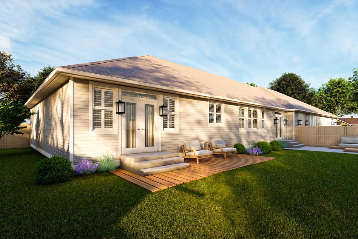 Ranch style house plan exterior, single story, with double doors, multiple windows, and a wooden deck.