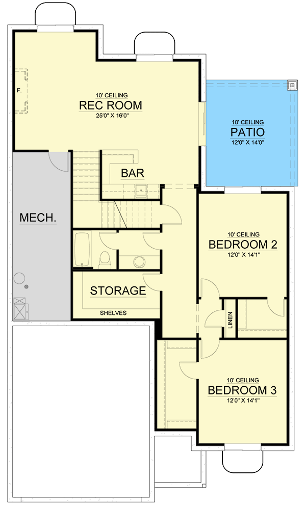 Plan 365045PED: Contemporary House Plan Under 3000 Square Feet with Finished Lower Level and Flexible Layout - Floor Plan - Lower Level - Contemporary, Mid Century Modern, Modern