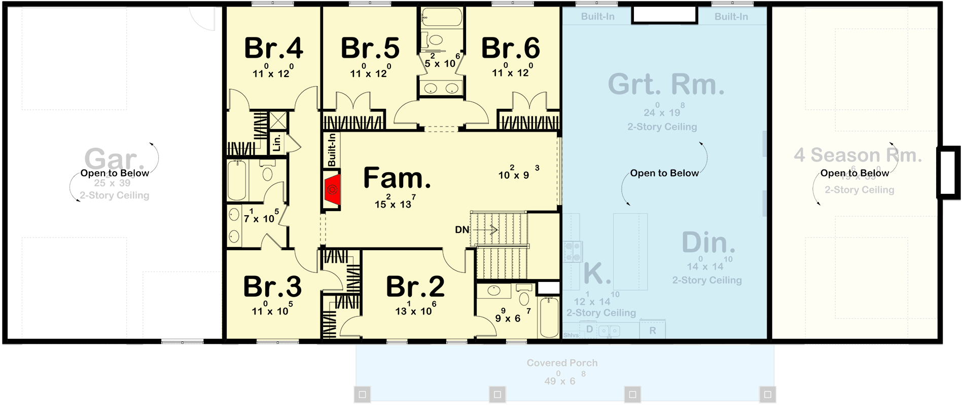 Plan 623278DJ: 6-Bedroom Barndominium-Style Home Plan with 4-Seasons Room - Floor Plan - 2nd Floor - Barndominium, Country, New American