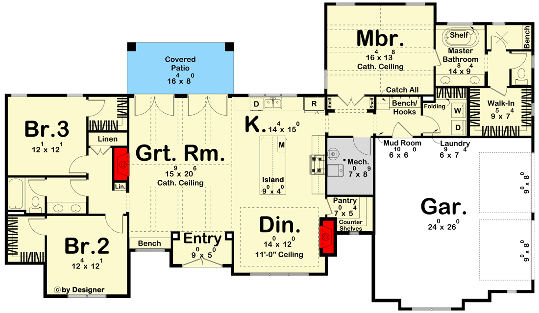 Plan 623279DJ: 3-Bed Modern Cottage Plan with Two Fireplaces and 2-Car Garage - 2028 Sq Ft - Floor Plan - Main Level - Cottage, Country, European, New American, Ranch, Transitional