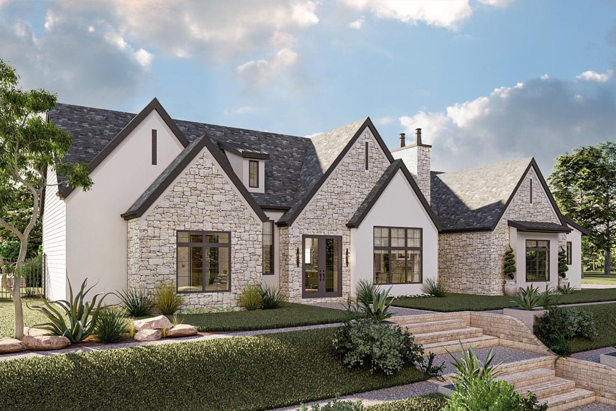 House plan exterior featuring stone and stucco, multiple gables, prominent chimney, and dark-framed windows.