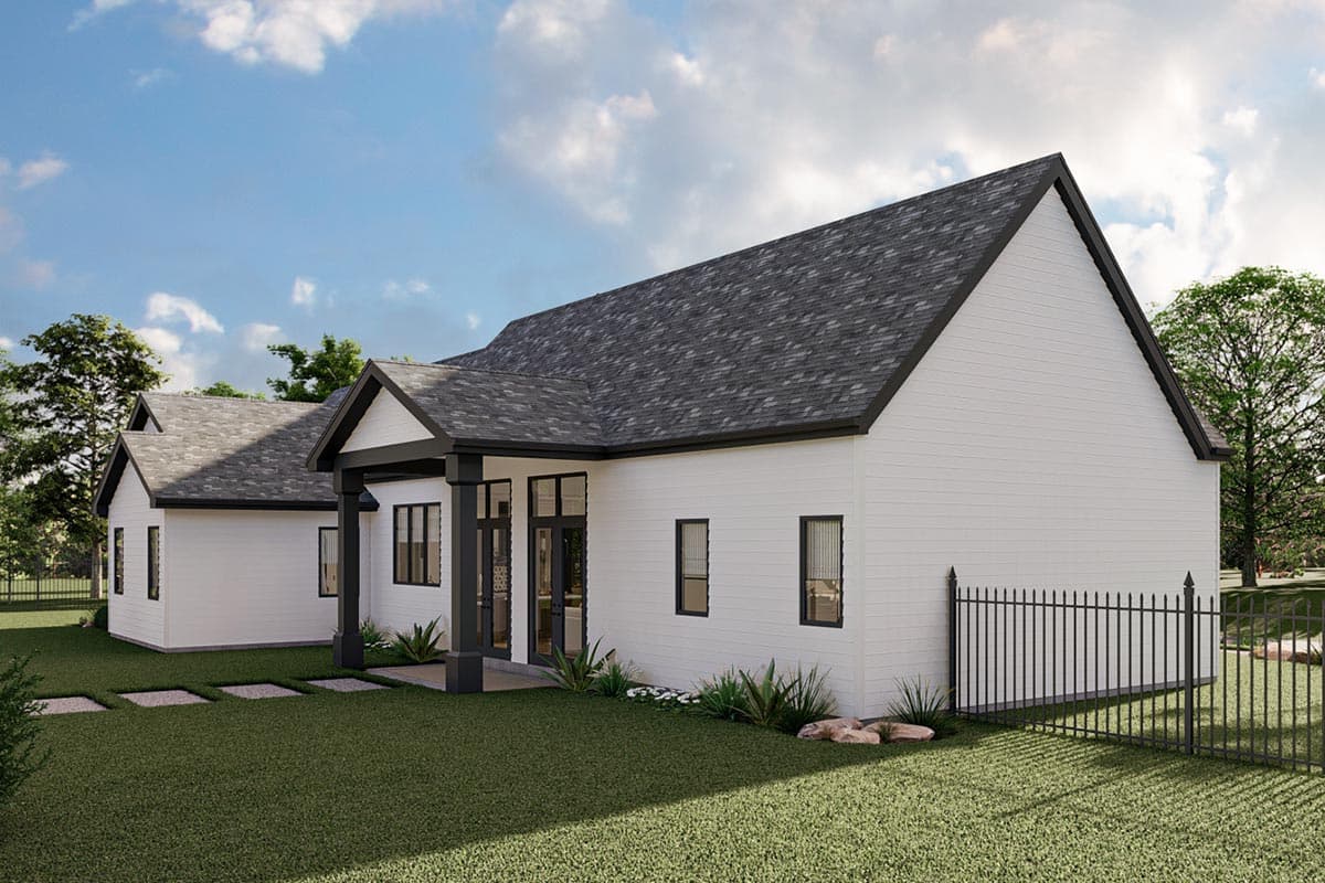 House plan exterior: Modern single-story home with white lap siding, gable rooflines, and a covered entryway with dark pillars.