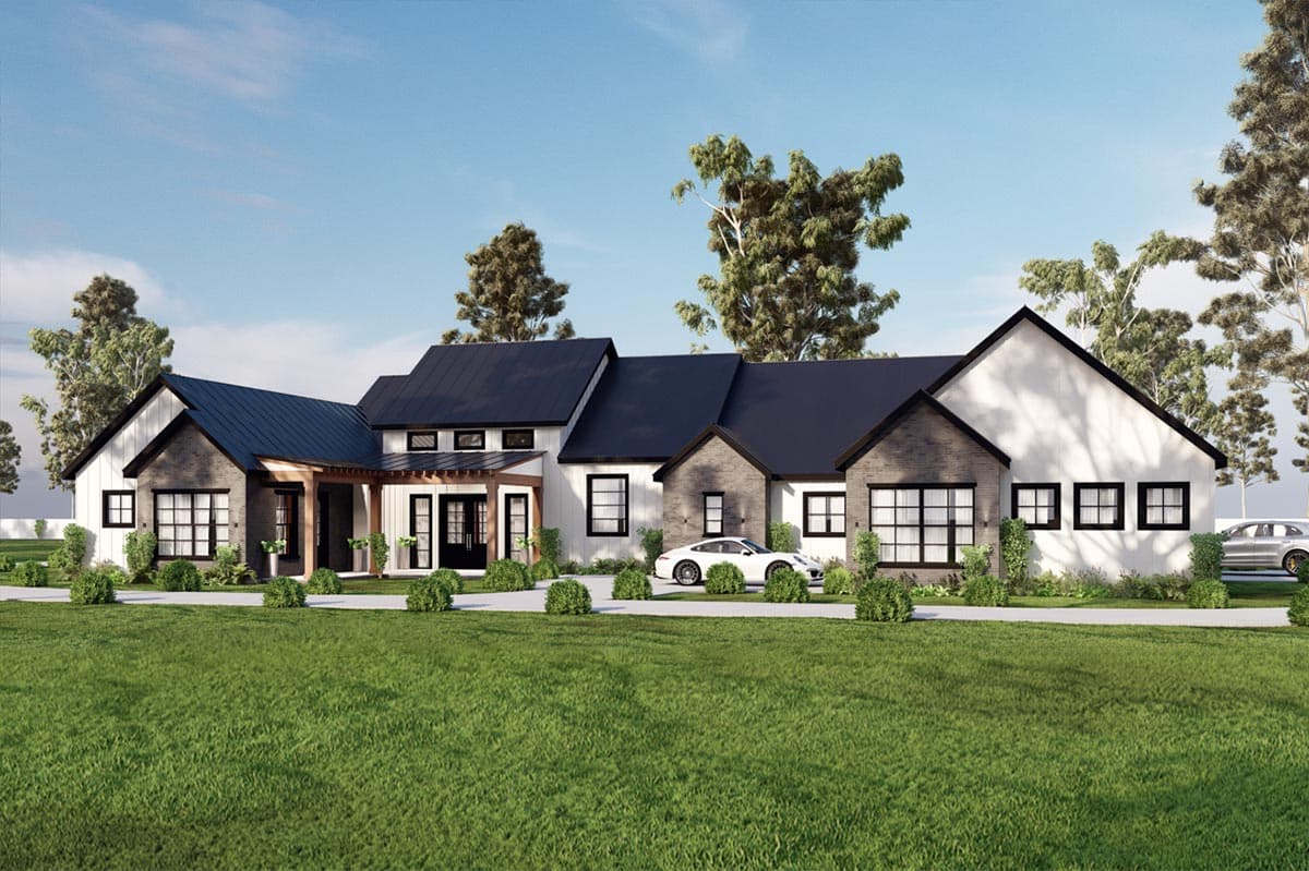 House plan exterior. Modern farmhouse style with a single story, a pergola-covered porch, gabled rooflines, and a dark metal roof.