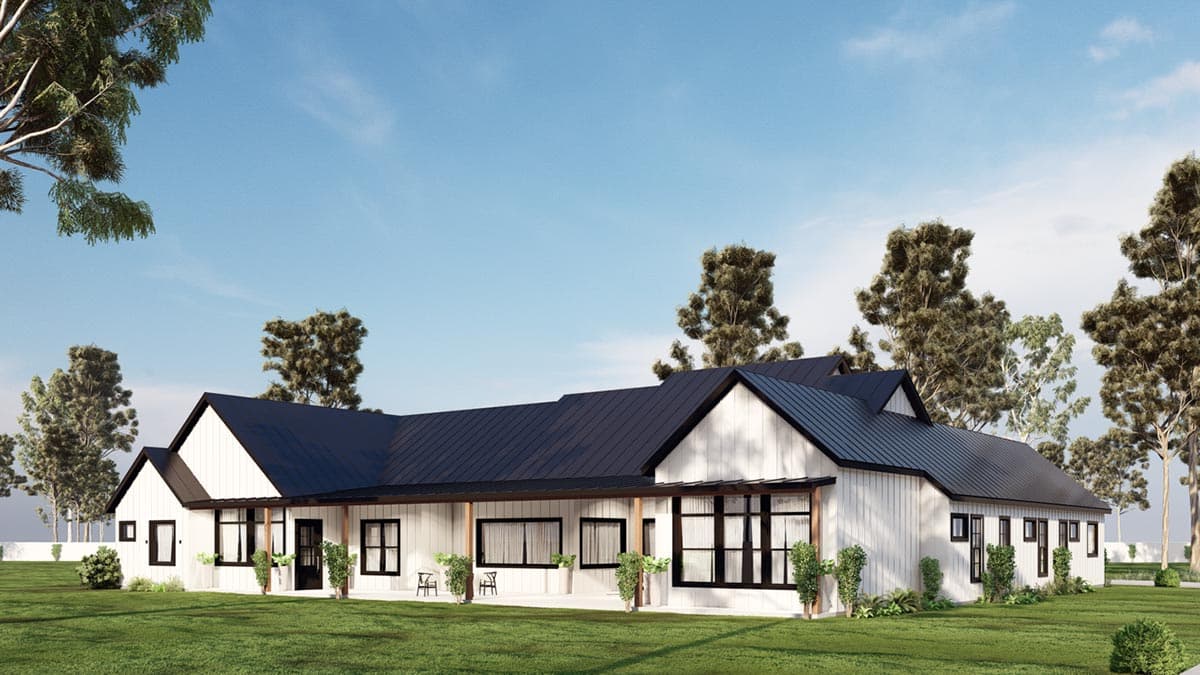 Modern Farmhouse house plan exterior with white board and batten siding, black metal roof, and covered porch with wood posts.