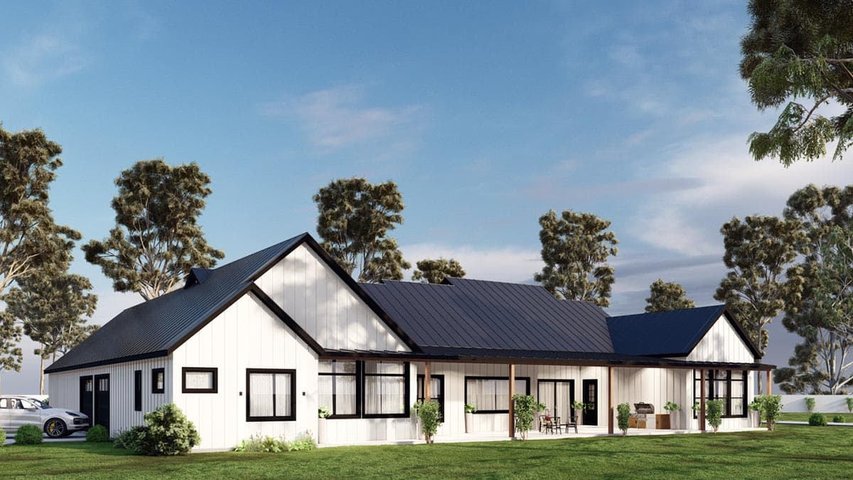 Modern Farmhouse house plan exterior with white board and batten siding, dark metal roof, covered porch, and attached garage.