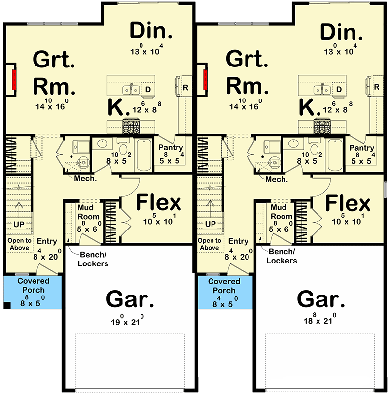 Plan 623280DJ: Modern Craftsman-Style Duplex House Plan with 3 Bed Units Under 1850 Square Feet - Floor Plan - Main Level - Craftsman, New American