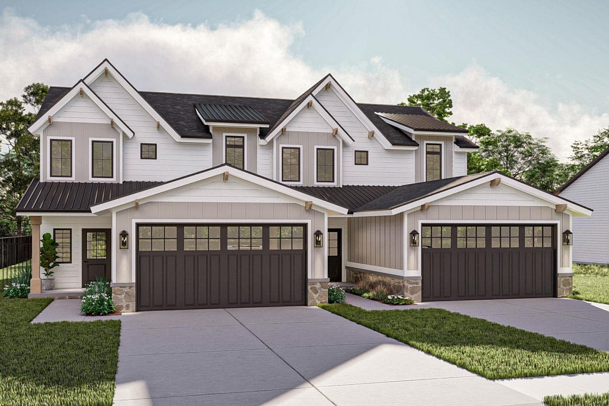 House plan exterior featuring a two-story Modern Farmhouse design with a gable roof, board and batten siding, and two-car garage.